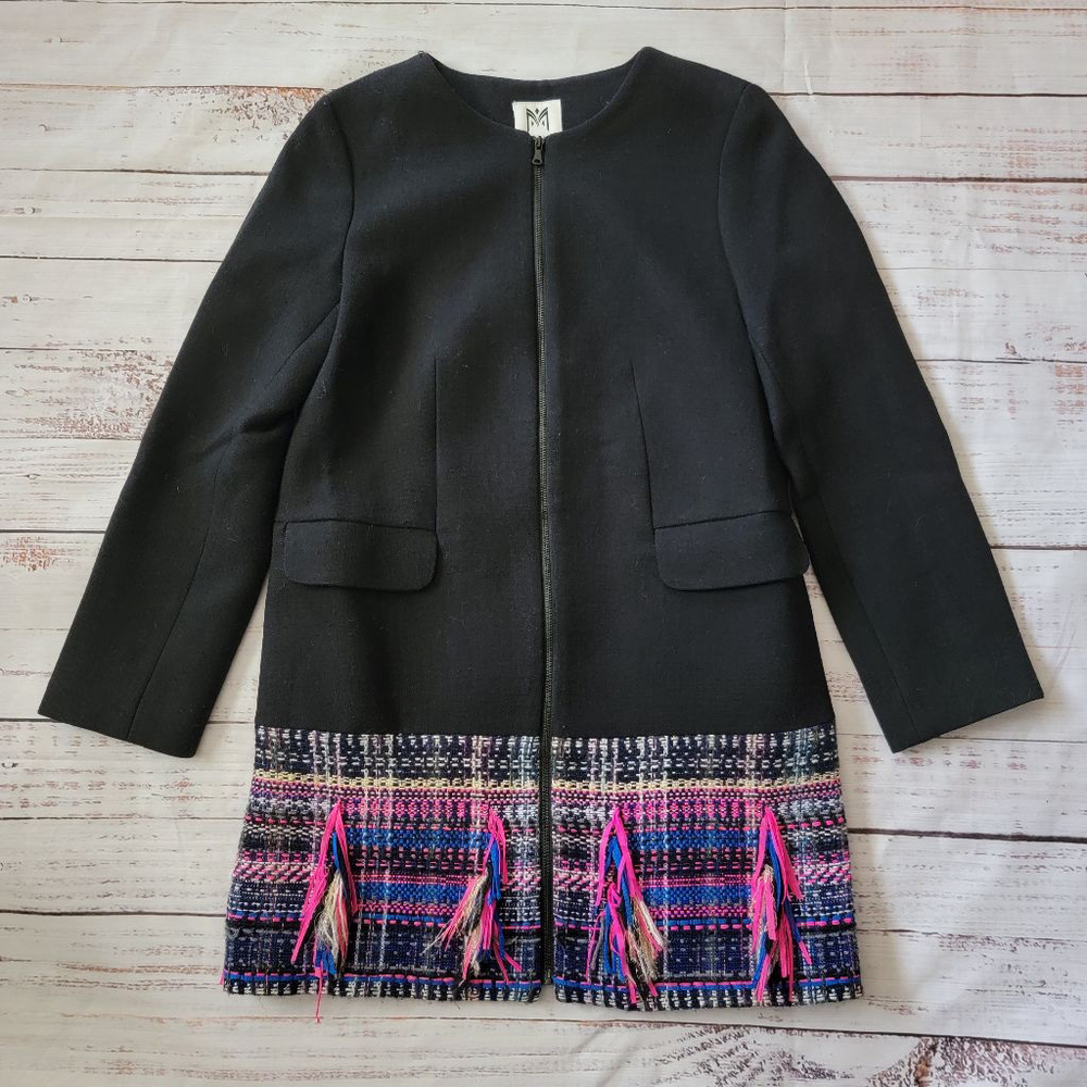 Milly Minis Black Tweed Wool Blend Zip Up Peacoat Fringe Hem Girls 12